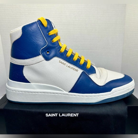 NEW SAINT LAURENT YSL SL/24 LEATHER SNEAKERS MID TOP WHITE BLUE SZ 42 610619AAAI - Picture 1 of 16